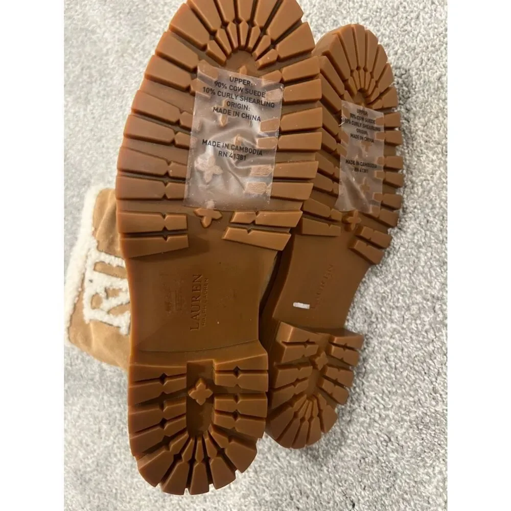 Ralph Lauren Logo Suede Shearling-Trim Chestnut Mid-Calf Winter Boot Size 9
